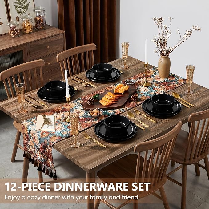 Vesteel Dinnerware Sets for 4 12Pcs Premium Plates and Bowls Set Farmhouse Handmade Stoneware Sets for Home Restaurant Microwave &amp Dishwasher Safe Matte Blue