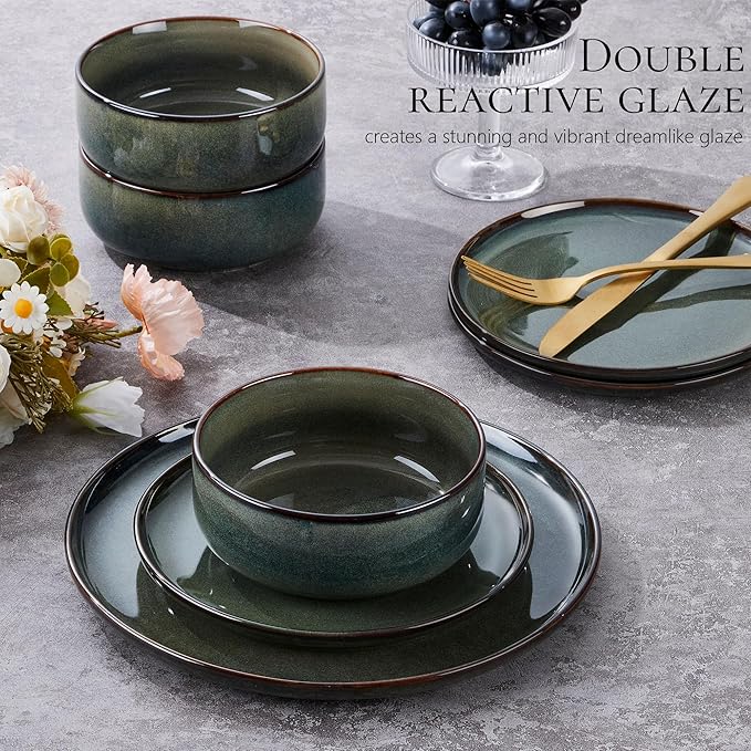 Vesteel Dinnerware Sets for 4 12-Piece Stoneware Dish and Bowls Set Handmade Reactive Glaze Coupe Plates Set for Family Chip &amp Scratch Resistant - Sage Green