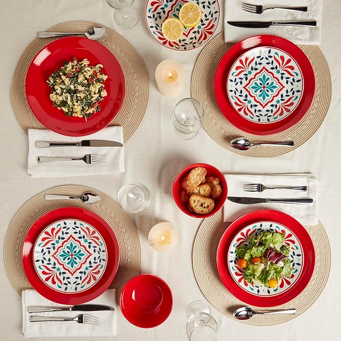 Tabletops Gallery 12-Piece Camila Patterned Ceramic Dinnerware Set of Kitchen Dishes Dinner Plates Cereal Bowls Service for 4 Red
