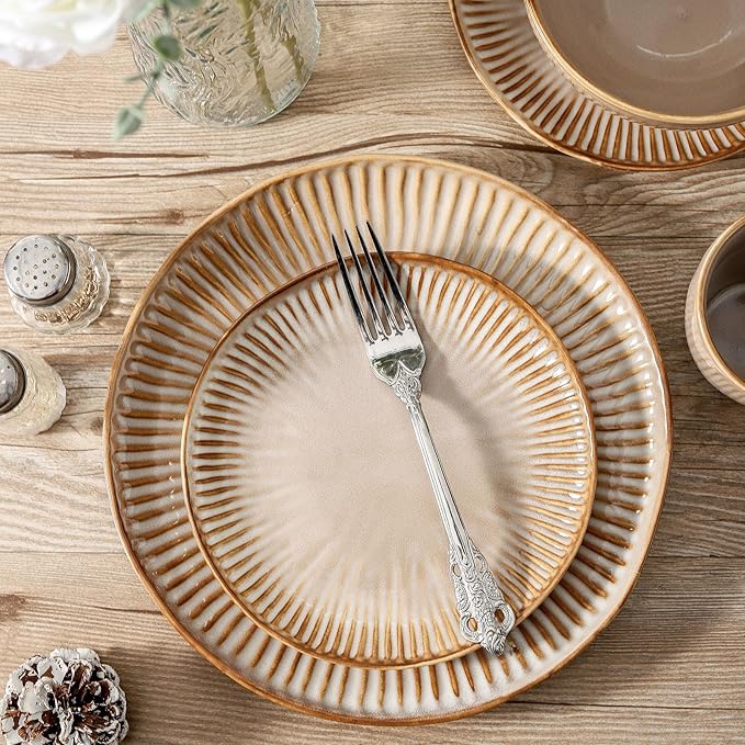 HVH Stoneware Dinnerware Sets 16 Pieces Plates and Bowls Sets Kitchen Dishes Set for 4 Dinner Dessert Plates Cereal Bowls and mugs for Party and Dinner Farmhouse Style (Sand Color)