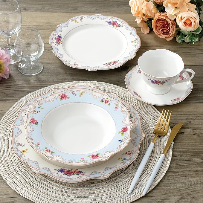 Joseph Sedgh Collection Romantic Bloom 20-Piece Bone China Dinnerware Set Service for 4 Floral with Blue and Gold Trim