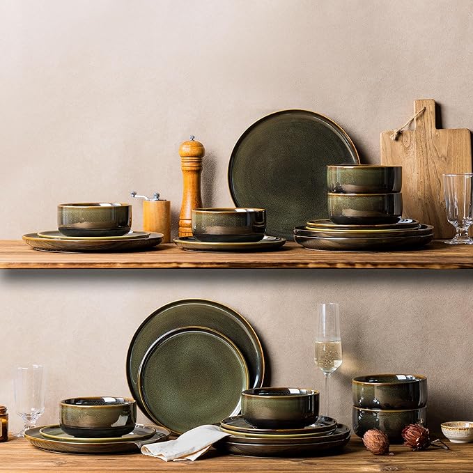 TheTerra Ceramic Dinnerware Sets for 8 24 Pieces Handmade Reactive Glaze Plates and Bowls Set Scratch Resistant Dish Set Oven &amp Microwave &amp Dishwasher Safe Olive Green
