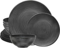 Bzyoo 12 Piece Melamine Dinnerware Set - Durable Dishwasher Safe Organica Black Plates and Bowls Sets Casual Dish Set for Dining Outdoor and Kitchen