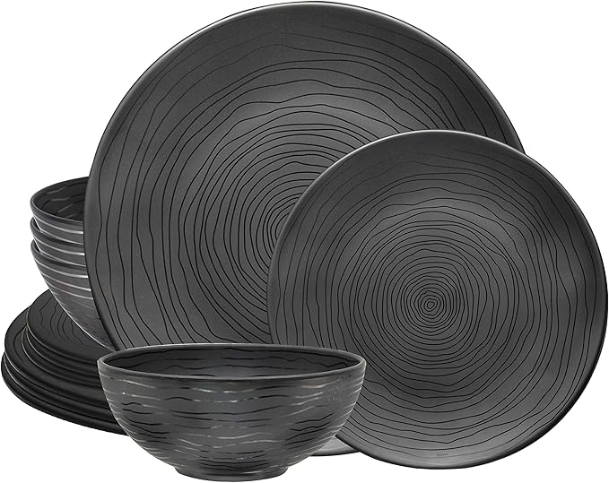 Bzyoo 12 Piece Melamine Dinnerware Set - Durable Dishwasher Safe Organica Black Plates and Bowls Sets Casual Dish Set for Dining Outdoor and Kitchen