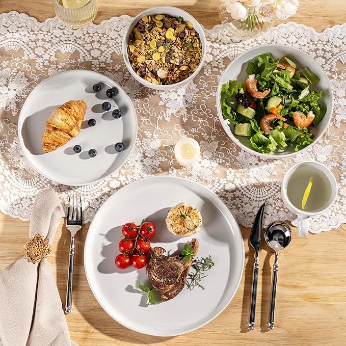 GBHOME 24-Piece Ceramic Dinnerware Set for 6 Handpainted Plates Pasta Bowls &amp Bowls Set with Rustic Terracotta Underside Scratch-Resistant Dishwasher &amp Microwave SafeSpeckled Glaze White