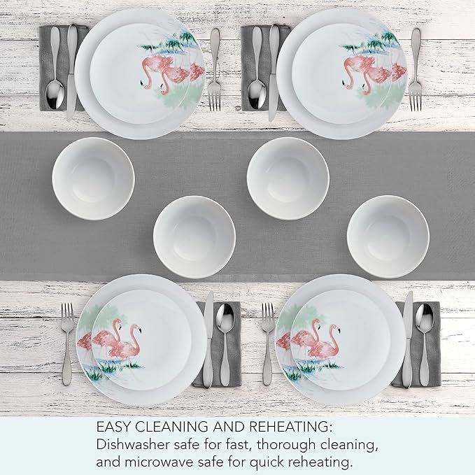 Studio Nova Flamingo Haven Tropical 12 Piece Dinnerware Plate Bowl Set Service for 4