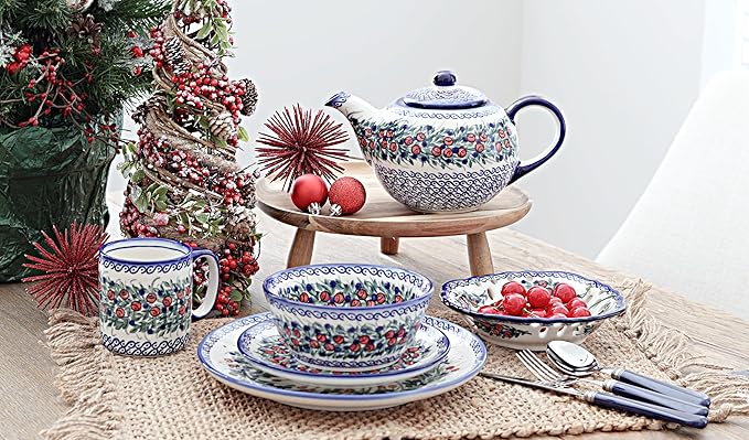 Blue Rose Polish Pottery - Red Berry 4 PC Place Setting - Service for 1-1 Place Setting - Ceramic Dinnerware Set Unique Christmas Gift &amp Festive Tableware