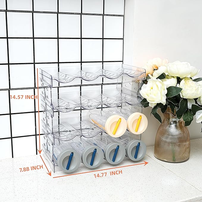 IEEK Plastic Stackable Bottle Storage Holder Rack Holds 16 BottlesFree-Standing Water Bottle/Wine and Drink Organizer Shelf for Kitchen CabinetFridgeCountertopPantryFreezer4 PackX4 BottlesClear
