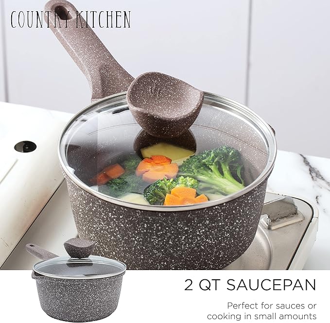 Country Kitchen Non-Stick Cast Aluminum Cookware Set - Durable Kitchen Cookware for Everyday Cooking Chocolate Brown 6 Pc.