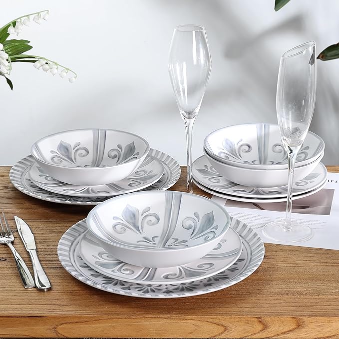 Melamine Dinnerware Set12pcs Embossed Plates and Bowls Sets Plastic Dinnerware Dishes Set for 4 Lightweight Unbreakable Dishwasher SafeWhite&ampGrey