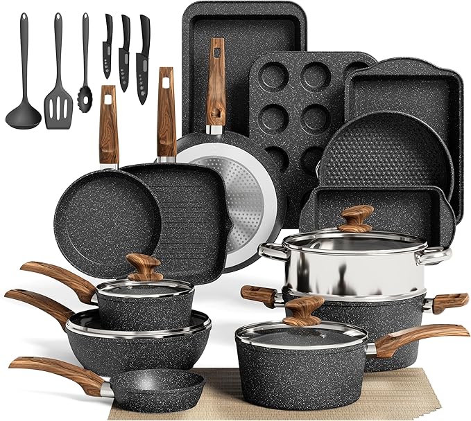 MAISON ARTS 30 Piece Pots and Pans Set Non Stick Kitchen Cookware &amp Bakeware Sets with Nonstick Granite Coating Baking Tray Frying Pan and Saucepan Black