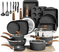 MAISON ARTS 30 Piece Pots and Pans Set Non Stick Kitchen Cookware &amp Bakeware Sets with Nonstick Granite Coating Baking Tray Frying Pan and Saucepan Black
