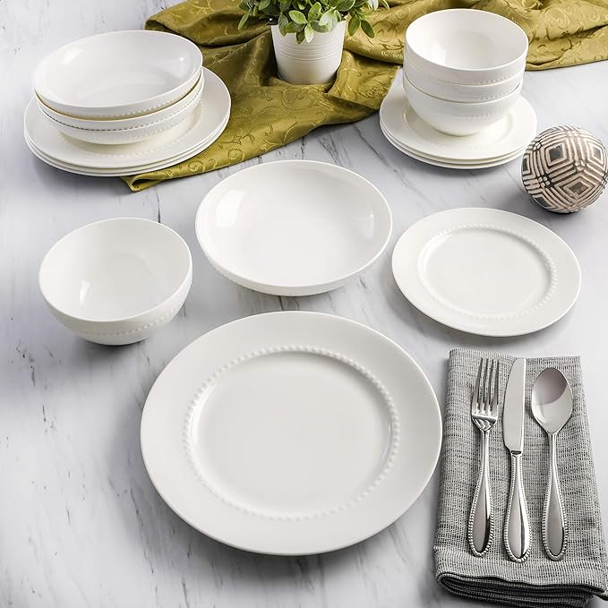 Gibson Elite Embossed Bone China 16-Piece Double Bowl Dinnerware Set Service for 4 – White Elegant Plates and Bowls