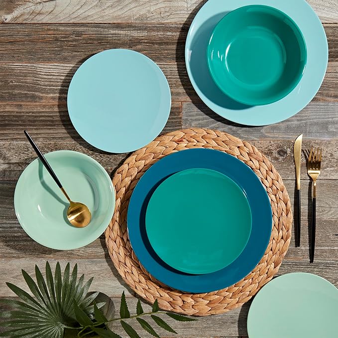 Tabletops Gallery 12 Piece Green Teal Blue Melamine Dinnerware Set Plates Bowls for Indoor Outdoor Use Service for 4 Peacock