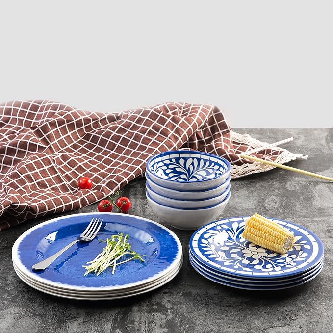 Melamine Dinnerware Set - 12 Pcs Dinner Dishes Set for 4 Plates and Bowls Set for Indoor &amp Outdoor Use- Dishwasher Safe Unbreakable Blue