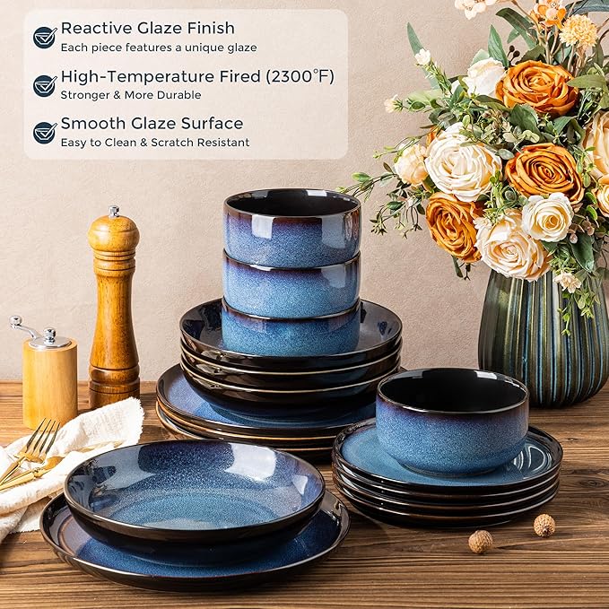 LERATIO Ceramic Dinnerware Sets with Pasta Bowls for 4Reactive Glaze Plates and Bowls SetsOven &ampMicrowave &amp Dishwasher SafeLight Weight &amp Scratch Resistant Dishes Sets-Service for 4 (16