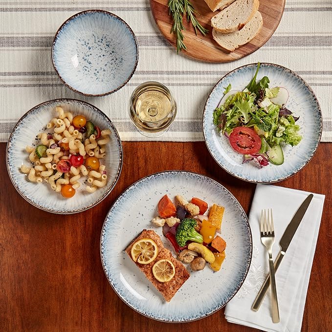 Tabletops Gallery Speckled Farmhouse Collection- Stoneware Dishes Service for 4 Dinner Salad Appetizer Dessert Plate Bowls 16 Piece Jura Embossed Dinnerware Set in Smoky Blue