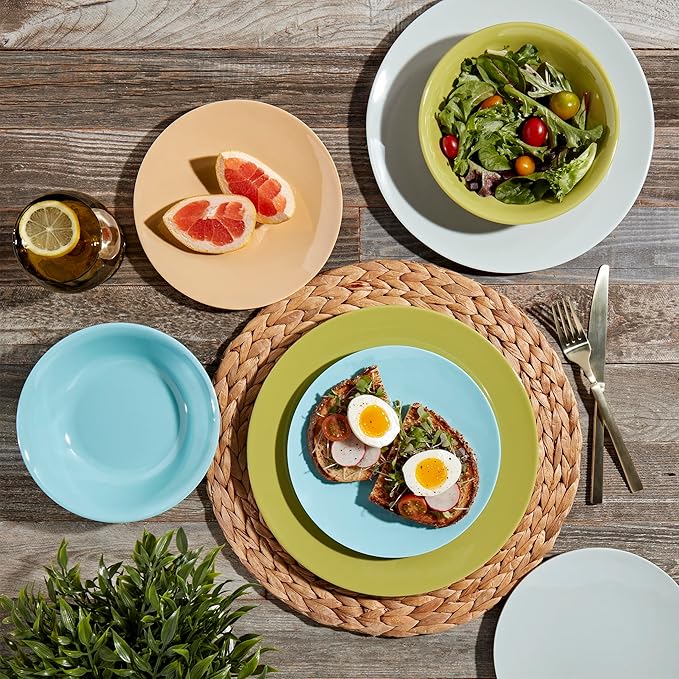 Tabletops Gallery 12 Piece Blue Green Coral Melamine Dinnerware Set Plates Bowls for Indoor Outdoor Use Service for 4 Enchanted