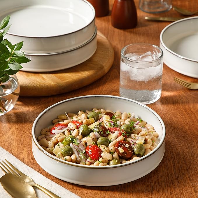 Bloomhouse - Two Time Oprah's Favorite Things WInner - Santorini Mist 4-Piece 8.6-Inch Terracotta Pasta Bowl Set – Moonstone White Reactive Glaze Round Shallow Walled Dinner &amp Serving Bowls