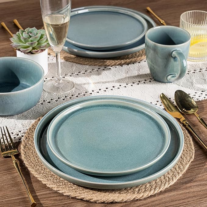 GBHOME Ceramic Dinnerware Sets for 6 18 Pieces Stoneware Plates and Bowls Sets Scratch Resistant Dishes Dishwasher &amp Microwave Safe Reactive Glaze-Malachite Green