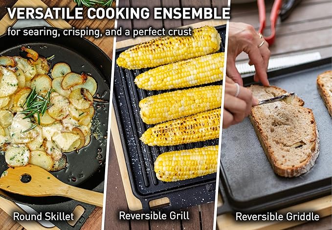 Solo Stove Pi Cast Iron 3-Piece Cookware Set | Incl. Round Skillet (305 cm) Reversible Grill/Griddle (292 x 33 cm) 2 Removable Handles Bamboo/Stainless Steel Base for Protection