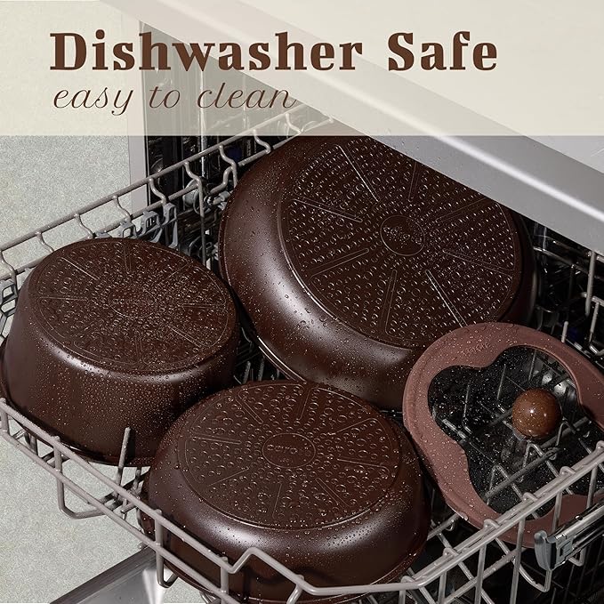 CAROTE 11pcs Ceramic Cookware Set Pots and Pans Set Non stick Induction Kitchen Cookware with Removable Handle RV Dishwasher ＆ Oven Safe RV/Camping Cookware PFOA Free Brown