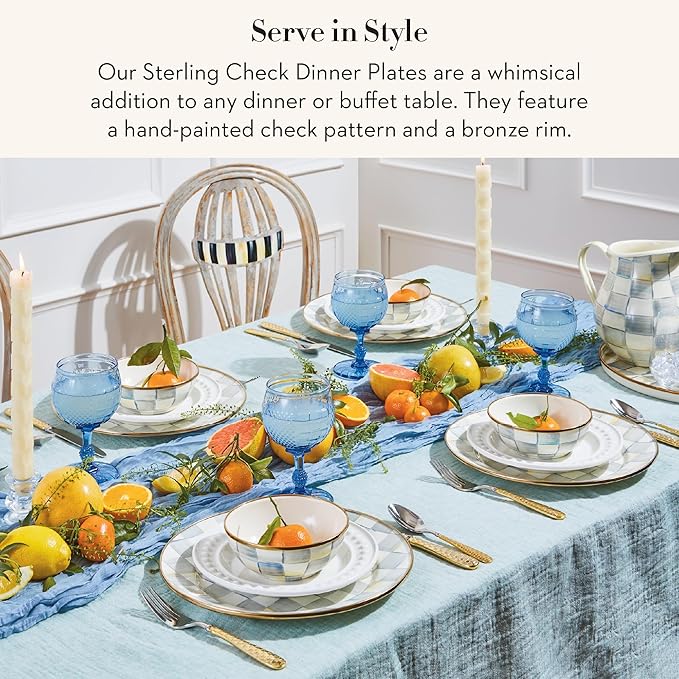 MACKENZIE-CHILDS Enamel Dinner Plate Decorative Dinnerware Plate 10 Inches Set of 4 Gray-and-White Sterling Check