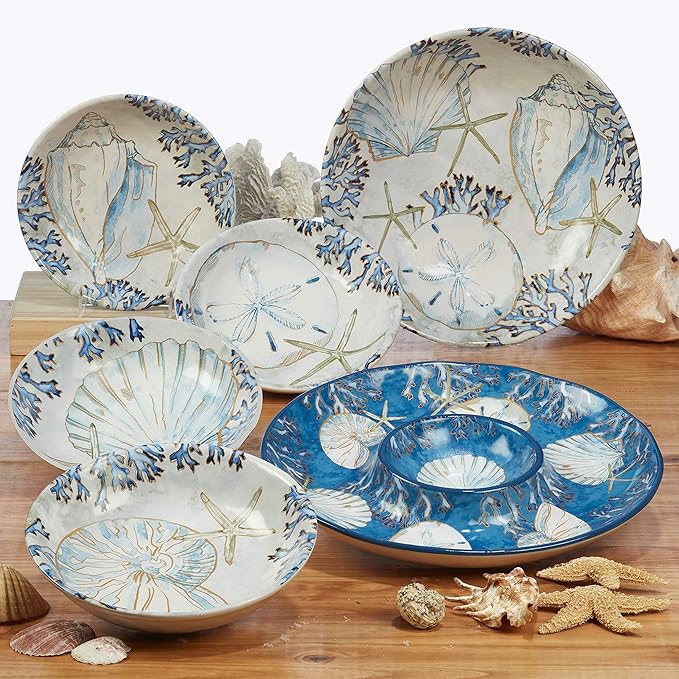 Playa Shells 16-Piece Coastal Dinnerware Set Service for 4 – Ceramic Plates Bowls &amp Mugs with Beach Shell Art – Great for Everyday Dining Entertaining Beach House or Nautical Décor