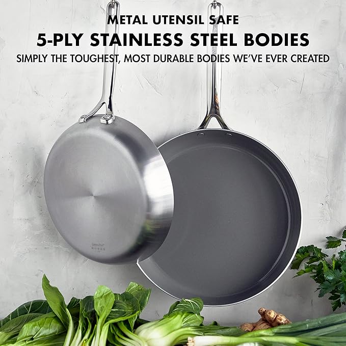 GreenPan GP5 Vista 5-Ply Stainless Steel 12 Piece Cookware Pots &amp Pans Set Healthy Ceramic Nonstick PFAS-Free Induction Frying Pans Sauté Saucepans Stock Pot Glass Lids Dishwasher &amp Ov