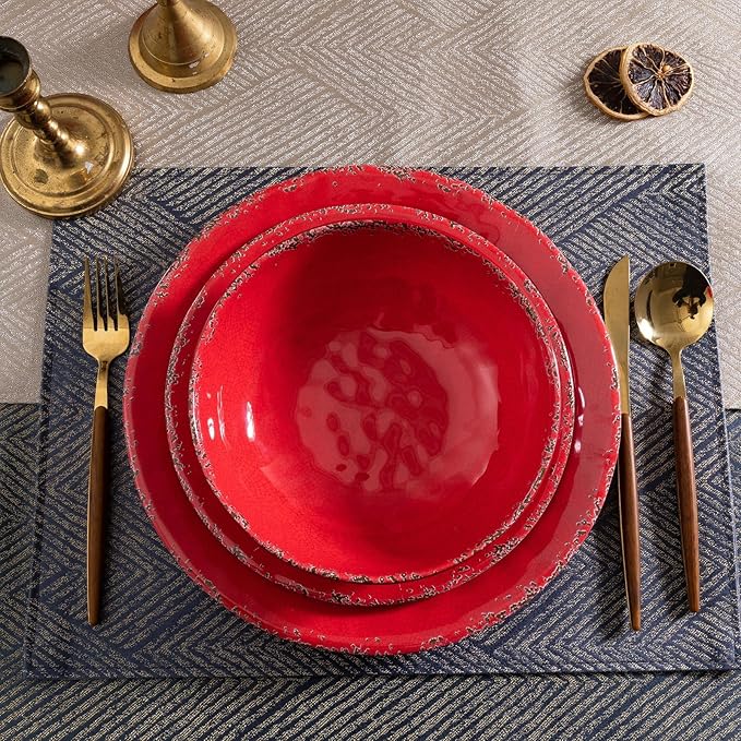 12 Piece Farmhouse Melamine Dinnerware Sets Service For 4 Rustic Crackled Plates and Bowls Sets Melamine Dishes Set for ChristmasWedding Set of 4 Camping Dishes Red