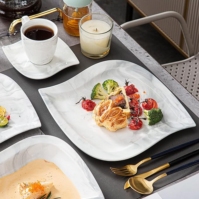MALACASA FLORA 30 Piece Marble Grey Square Dinnerware Sets Bundle With ELVIRA 30 Piece Grey Dinner Set