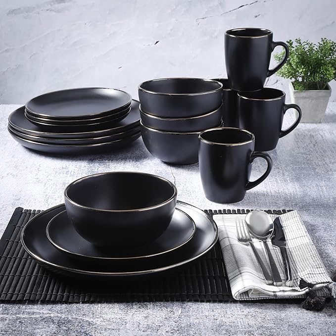Gibson Home Rockaway 16-Piece Round Stoneware Dinnerware Set Service for 4 – Black with Gold Rim Plates and Bowls Microwave &amp Dishwasher Safe