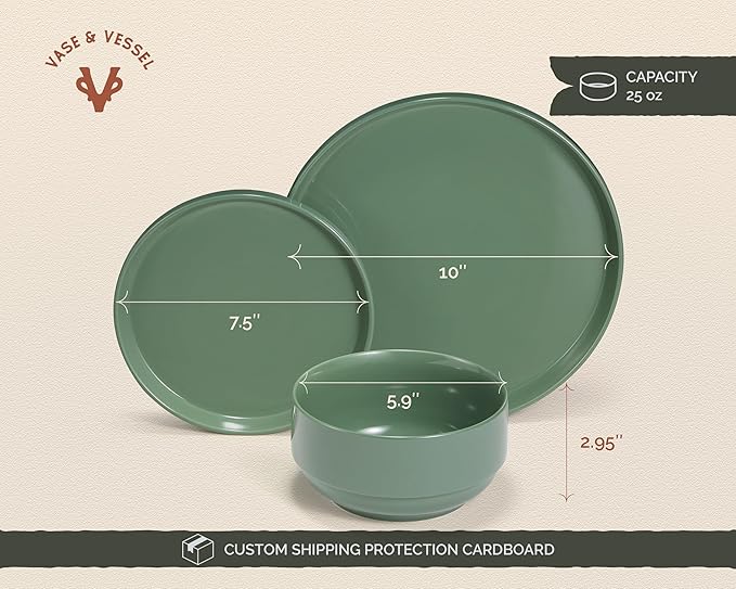 Ceramic Dinnerware Set 12-Piece Service for 4 Round Microwave and Dishwasher Safe Cambridge Classics (Dusty Jade)