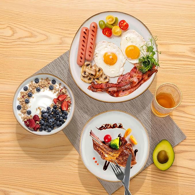 Herogo Stoneware Dinnerware Sets 12 Piece Dinner Dishes Set for 4 Ceramic Plates and Bowls Dishware Tableware Includes Dinner Salad Plates Soup Bowls Microwave &amp Dishwasher Safe Pearl White