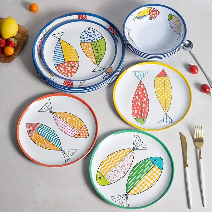 Melamine Dinnerware set for 4 Plates and Bowls Sets Great for Camper RV Indoors Outdoors Use with Ocean Printed Unbreakable