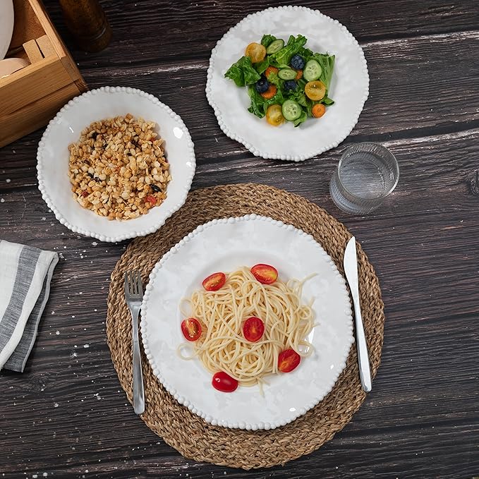 Cream 12pcs Beaded 100% Melamine Dinnerware Set Elegant Scalloped Edge Durable &amp Shatterproof Outdoor Dining SetUnbreakable Plates &amp Bowls Set for Indoor/Outdoor Use Dishwasher Safe