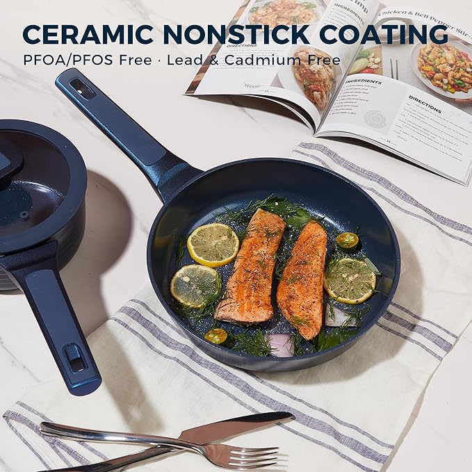 HONGBAKE 26 Pcs Pots and Pans Set Non Stick Non Toxic Ceramic Cooking Set With 10 Silicone Utensils Kitchen Induction Cookware &amp Bakeware Sets with Diamond Texture Pattern PFOA Free Blue