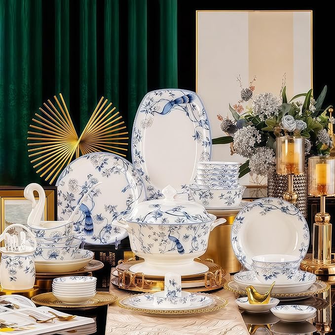 Fine Bone China Dinnerware SetPorcelain&ampCeramic Dinnerware SetsBone Stoneware &ampCeramic Cookware Tableware Set Includes Dinner Plates|Spoons|Pasta Bowls|Soup Pot|Chopsticks (60 PCS)