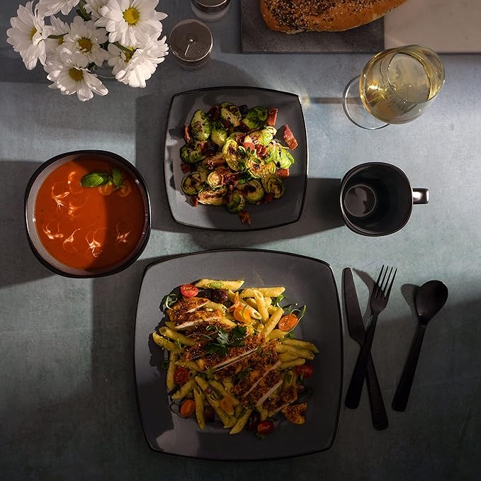 Gibson Elite Soho Lounge Square Reactive Glaze Stoneware Dinnerware Set Service for 4 (16pc) Eclipse