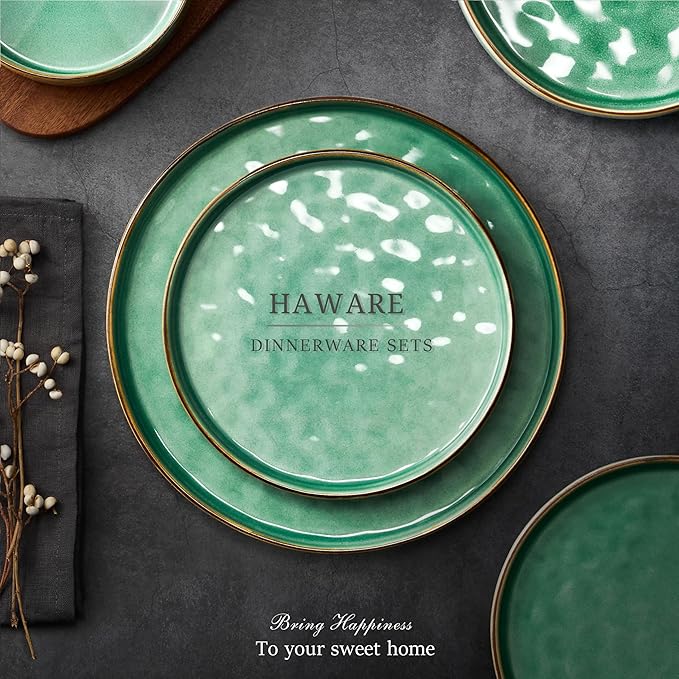 HaWare Dinnerware Sets 24-Piece Plates and Bowls Set Stoneware Dish Set for 8 Ceramic Dinnerware for Home Restaurant Chip and Scratch Resistant Microwave and Dishwasher Safe Reactive Green