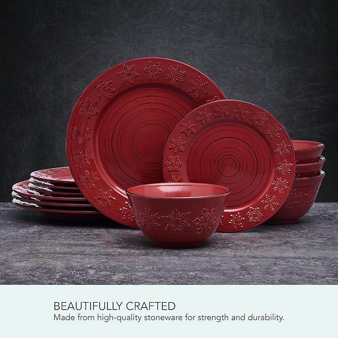 Pfaltzgraff Trellis Snowflakes 12 Piece Dinnerware Set Service For 4 Red