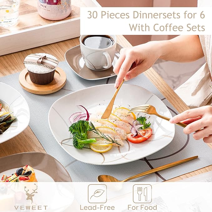 VEWEET 'Nikita' 30-Piece Dinner Set Ivory White Brown Lines Porcelain China Ceramic Combination Sets of Dessert Plates/Soup Plates/Dinner Plates/Cups/Saucers Service for 6