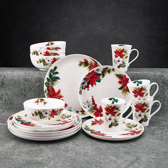 Mikasa Hope Joy Holiday Poinsettia Bone China Lightweight Chip Resistant 16 Piece Dinnerware Set Service for 4 Multicolor