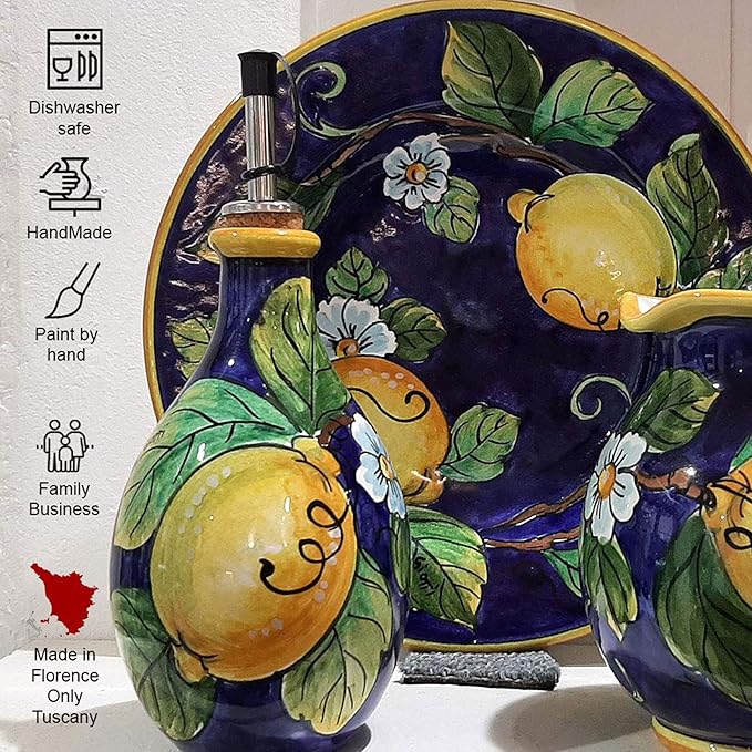 Italian Ceramic dinnerware set - Hand Painted kitchen Dishes sets for 4 - Made in ITALY Tuscany - Italian Pottery dinner plates - Home Decor Lemons Blue Ceramics dishes set - Service For 4