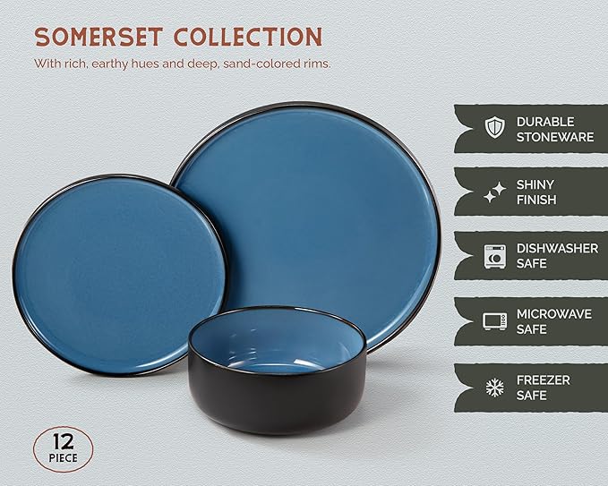 Dinnerware Set 12 Piece Service for 4 Vase and Vessel Ceramic 10.5” Dinner Plates 8.2” Salad Plates and 20 oz Bowls Stoneware Somerset Collection (Black/Slate Blue)