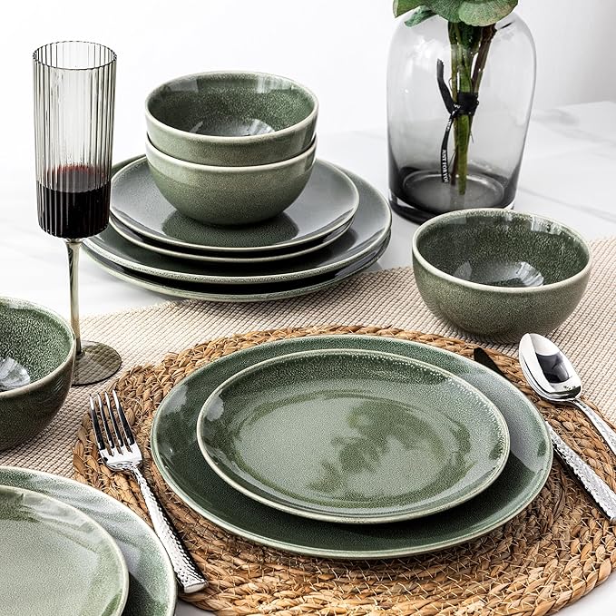 AmorArc Ceramic Dinnerware Sets for 4 12 Pieces Handpainted Plates and Bowls Set Scratch Resistant Stoneware Dishes Set Dishwasher &amp Microwave Safe Jade Green