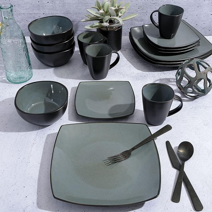 Gibson Elite Soho Lounge Square Reactive Glaze Stoneware Dinnerware Set Service for 4 (16pc) Eclipse
