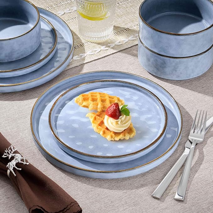 Herogo 24 Pieces Dinner Plates and Bowls Sets for 8 Stoneware Dinnerware Sets for Kitchen Dining Reactive Glaze Dishwasher &amp Microwave Safe Haze Blue