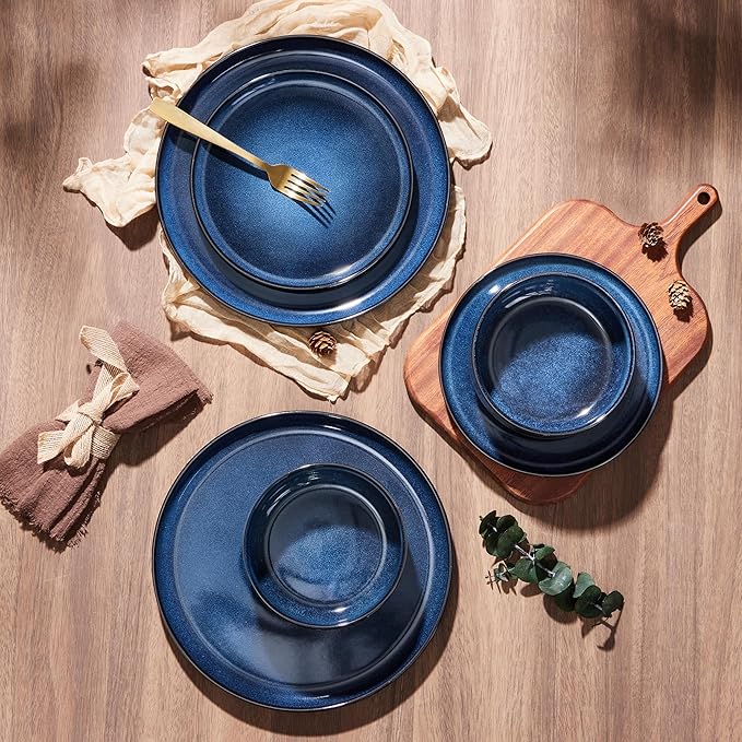 E-far 18-Piece Plates and Bowls Set Dinnerware Sets for 6 Reactive Glaze Stoneware Dishes Dinning Ware Microwave &amp Dishwasher Safe - Deep Sea Blue
