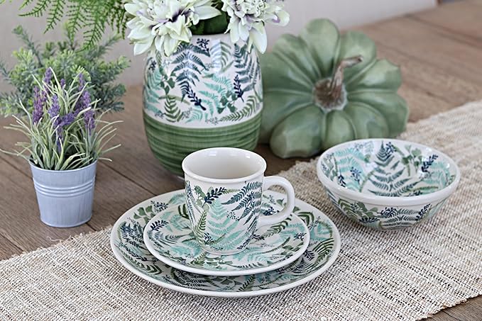 Blue Rose Polish Pottery - Green Woodland Fern 16 Piece Dinner Set - 4 Place Settings - Great for Everyday Dining Casual Dining or as Formal Dinnerware